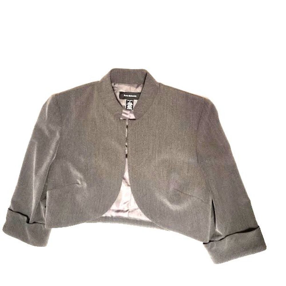 Womens R & M Richards Gray Jacket Blazer 8 Lined Short Open Front Half Sleeve